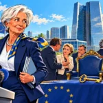 Christine Lagarde quitte le siège de la BCE vers un micro tandis que des dirigeants européens entourent une chaise vide et une grande clé.
