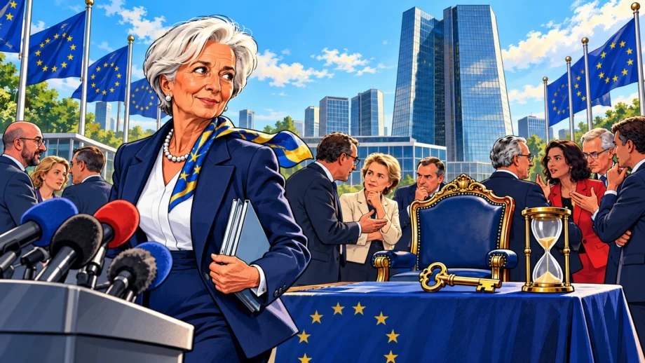 Christine Lagarde quitte le siège de la BCE vers un micro tandis que des dirigeants européens entourent une chaise vide et une grande clé.