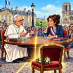 Léon XIV et une figure de la République dialoguent autour d’une table séparée par une ligne lumineuse devant Notre-Dame.