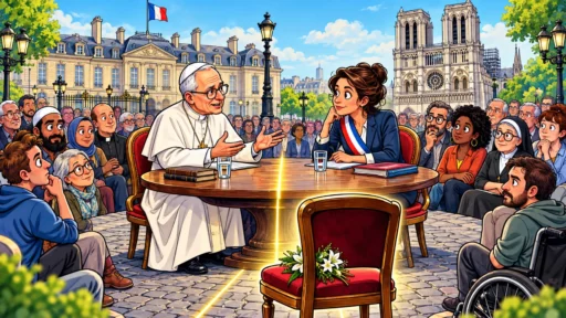 Léon XIV et une figure de la République dialoguent autour d’une table séparée par une ligne lumineuse devant Notre-Dame.