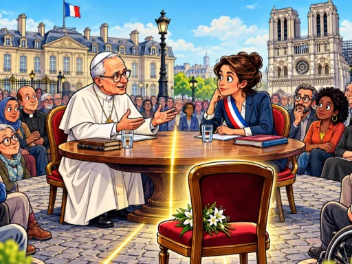 Léon XIV et une figure de la République dialoguent autour d’une table séparée par une ligne lumineuse devant Notre-Dame.