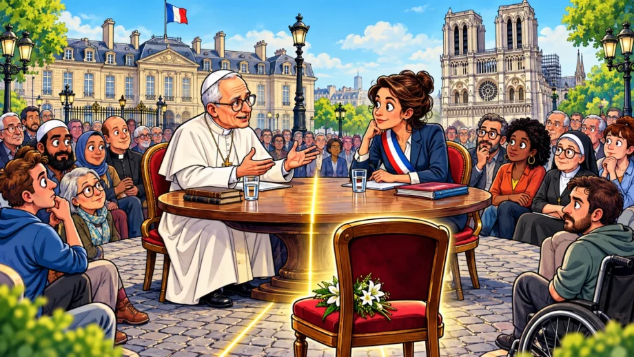 Léon XIV et une figure de la République dialoguent autour d’une table séparée par une ligne lumineuse devant Notre-Dame.