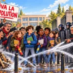 Bally Bagayoko brandissant une pancarte Viva la révolution face à Laurent Nuñez, autour de lycéens hésitant entre livres et mortiers