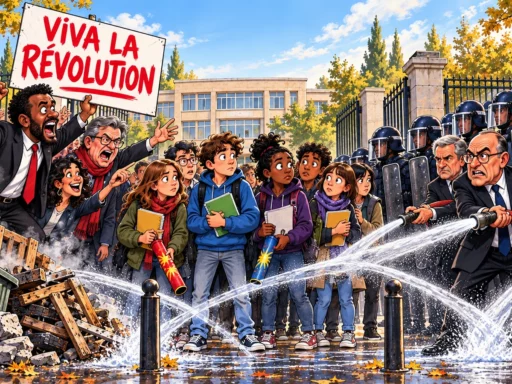 Bally Bagayoko brandissant une pancarte Viva la révolution face à Laurent Nuñez, autour de lycéens hésitant entre livres et mortiers