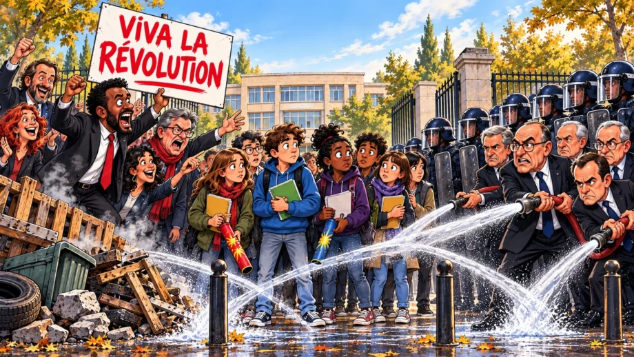 Bally Bagayoko brandissant une pancarte Viva la révolution face à Laurent Nuñez, autour de lycéens hésitant entre livres et mortiers