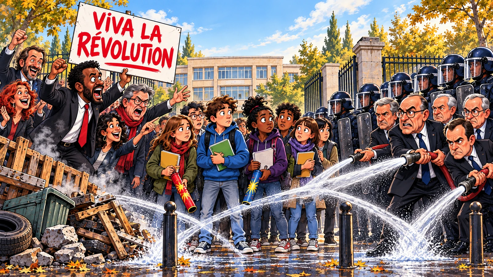 Bally Bagayoko brandissant une pancarte Viva la révolution face à Laurent Nuñez, autour de lycéens hésitant entre livres et mortiers