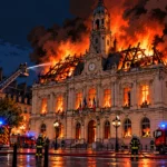 Illustration de la mairie de Limoges ravagée par les flammes, symbole de la violence des casseurs, avec les pompiers de nuit.