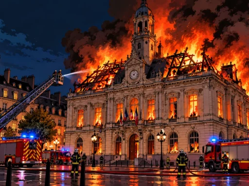 Illustration de la mairie de Limoges ravagée par les flammes, symbole de la violence des casseurs, avec les pompiers de nuit.