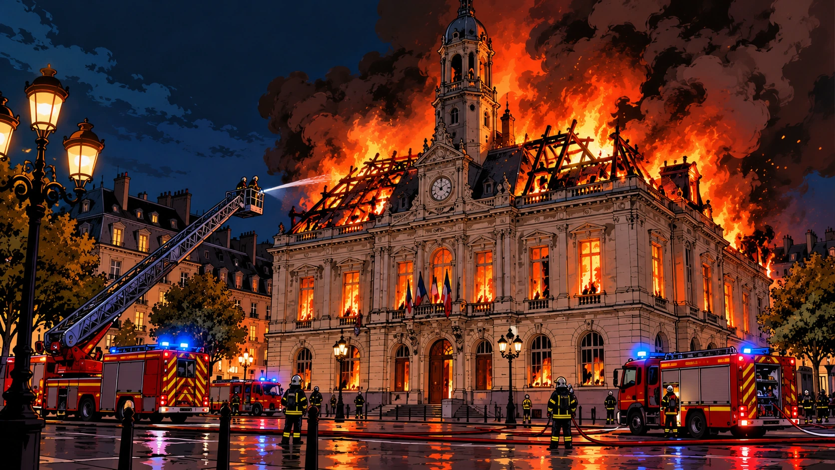 Illustration de la mairie de Limoges ravagée par les flammes, symbole de la violence des casseurs, avec les pompiers de nuit.