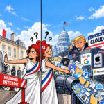 Caricature de Marianne repoussant Huawei et livrant ses données aux géants américains, sous le regard de Donald Trump et du CLOUD Act.