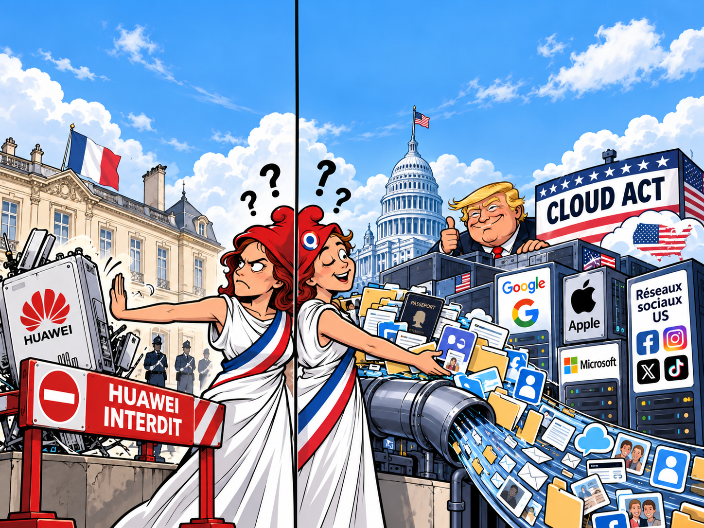 Caricature de Marianne repoussant Huawei et livrant ses données aux géants américains, sous le regard de Donald Trump et du CLOUD Act.