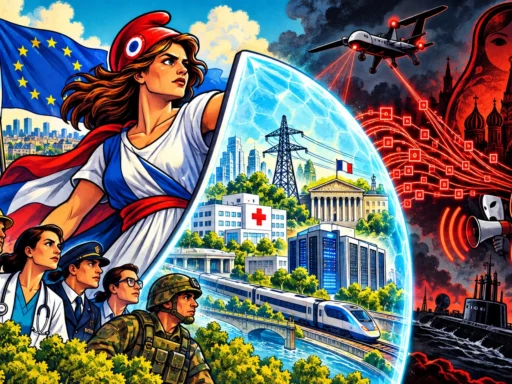 Marianne protège des infrastructures françaises derrière un bouclier face à un drone, une cyberattaque et une campagne de désinformation.