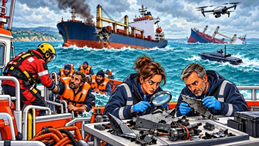 Des sauveteurs bulgares secourent un cargo endommagé tandis que des enquêteurs examinent des débris de drones en mer Noire