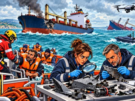 Des sauveteurs bulgares secourent un cargo endommagé tandis que des enquêteurs examinent des débris de drones en mer Noire