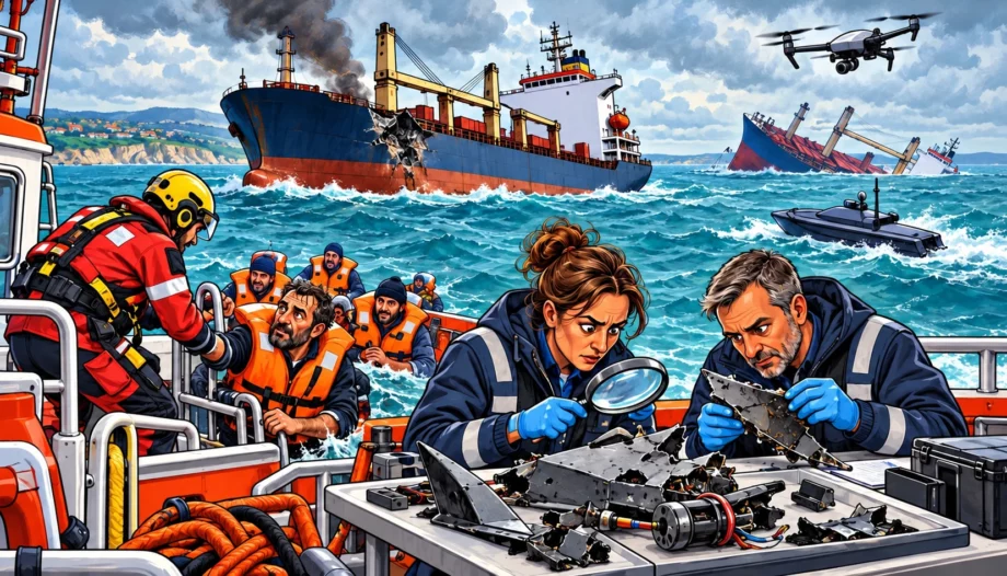 Des sauveteurs bulgares secourent un cargo endommagé tandis que des enquêteurs examinent des débris de drones en mer Noire