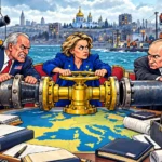 Une figure européenne tient la vanne d’un gazoduc entre des représentants américain et russe, devant Kyiv privée d’électricité.