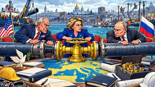 Une figure européenne tient la vanne d’un gazoduc entre des représentants américain et russe, devant Kyiv privée d’électricité.