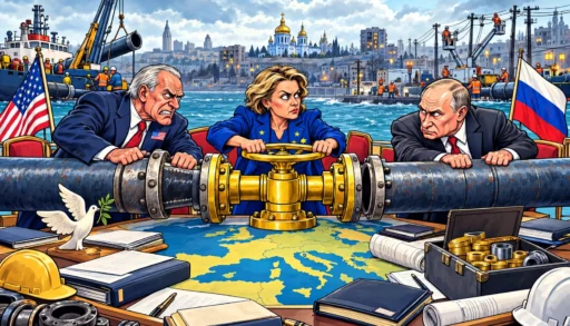 Une figure européenne tient la vanne d’un gazoduc entre des représentants américain et russe, devant Kyiv privée d’électricité.