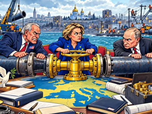 Une figure européenne tient la vanne d’un gazoduc entre des représentants américain et russe, devant Kyiv privée d’électricité.