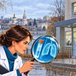 Une chercheuse examine une radiographie pulmonaire devant un hôpital d’Irkoutsk placé en quarantaine.