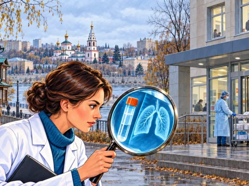 Une chercheuse examine une radiographie pulmonaire devant un hôpital d’Irkoutsk placé en quarantaine.