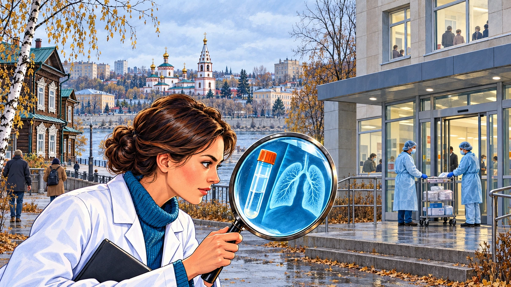 Une chercheuse examine une radiographie pulmonaire devant un hôpital d’Irkoutsk placé en quarantaine.