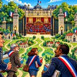 Le Palais du Luxembourg s’ouvre sur un hémicycle où de nouveaux élus avancent depuis une carte des communes françaises