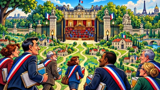 Le Palais du Luxembourg s’ouvre sur un hémicycle où de nouveaux élus avancent depuis une carte des communes françaises