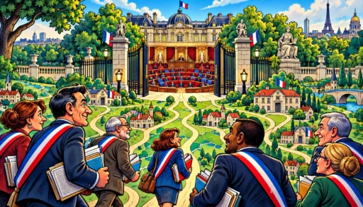 Le Palais du Luxembourg s’ouvre sur un hémicycle où de nouveaux élus avancent depuis une carte des communes françaises