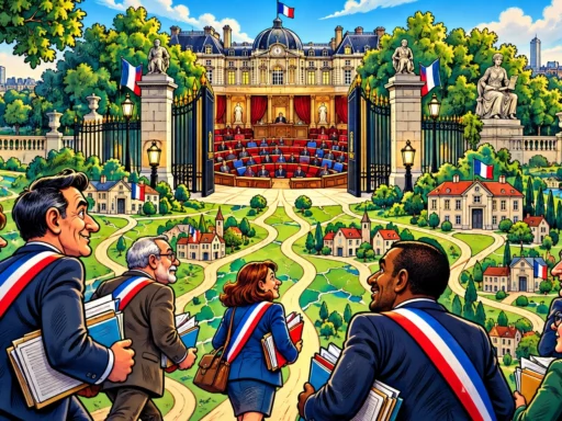 Le Palais du Luxembourg s’ouvre sur un hémicycle où de nouveaux élus avancent depuis une carte des communes françaises