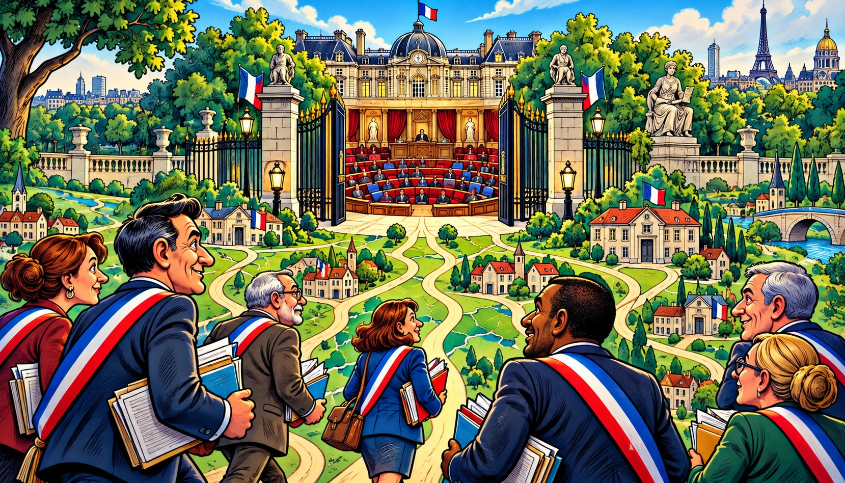 Le Palais du Luxembourg s’ouvre sur un hémicycle où de nouveaux élus avancent depuis une carte des communes françaises