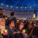 Des jeunes réunis dans un stade éclairé de bougies écoutent le pape Léon XIV lors d’une veillée pacifique.