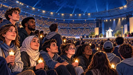 Des jeunes réunis dans un stade éclairé de bougies écoutent le pape Léon XIV lors d’une veillée pacifique.