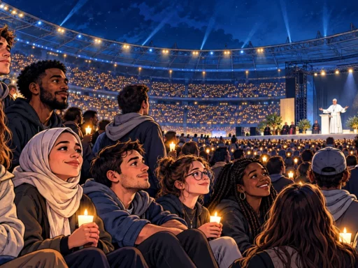 Des jeunes réunis dans un stade éclairé de bougies écoutent le pape Léon XIV lors d’une veillée pacifique.