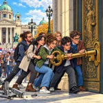 Des étudiants ouvrent ensemble les portes du Parlement serbe avec une grande clé, entre la place en fête et les institutions à reconstruire.