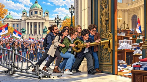 Des étudiants ouvrent ensemble les portes du Parlement serbe avec une grande clé, entre la place en fête et les institutions à reconstruire.