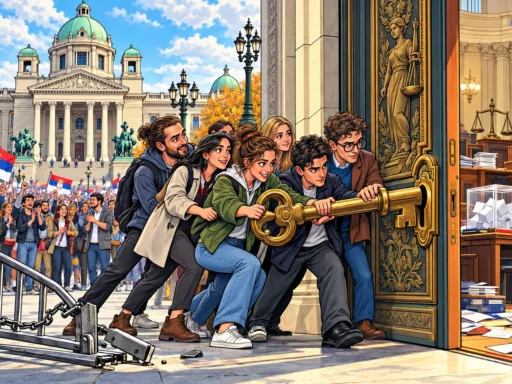 Des étudiants ouvrent ensemble les portes du Parlement serbe avec une grande clé, entre la place en fête et les institutions à reconstruire.