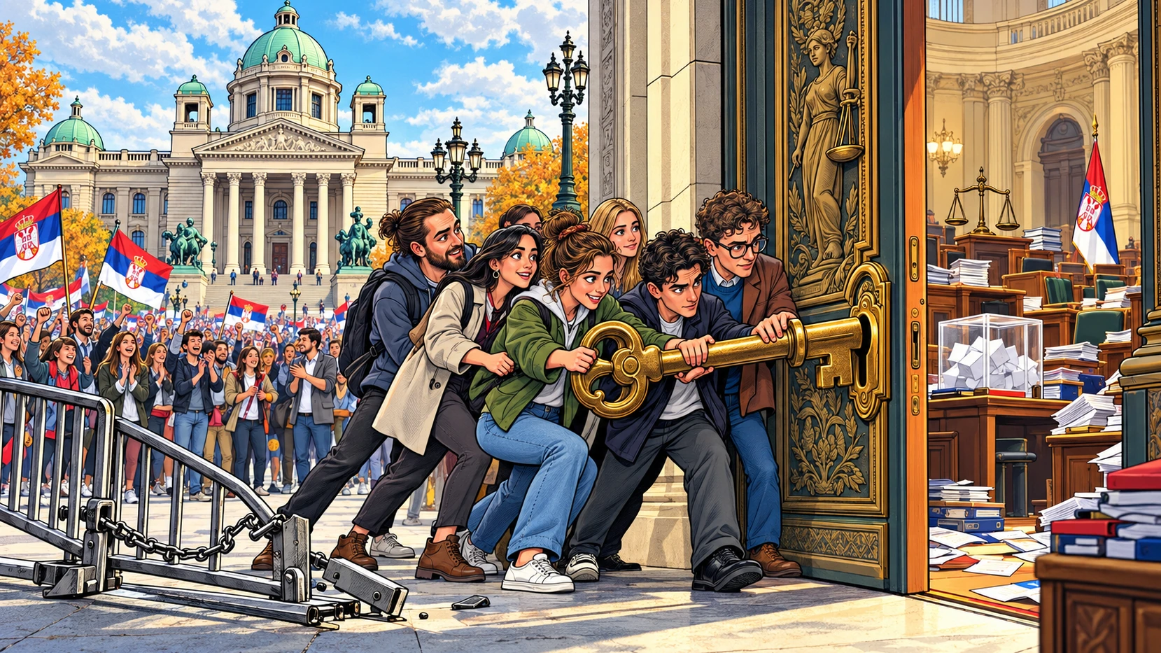 Des étudiants ouvrent ensemble les portes du Parlement serbe avec une grande clé, entre la place en fête et les institutions à reconstruire.