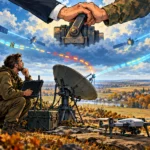 Un soldat ukrainien tente de maintenir une liaison satellite tandis qu’un interrupteur orbital coupe une partie du réseau au-dessus du front.