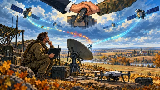 Un soldat ukrainien tente de maintenir une liaison satellite tandis qu’un interrupteur orbital coupe une partie du réseau au-dessus du front.