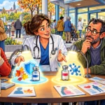 Une soignante éclaire deux chemins vaccinaux devant un centre médical, entre hésitation et protection des personnes fragiles.
