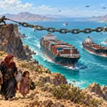 Une famille yéménite fuit par la côte tandis que des navires restent pris sous une chaîne symbolisant le détroit de Bab Al-Mandab.