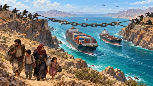 Une famille yéménite fuit par la côte tandis que des navires restent pris sous une chaîne symbolisant le détroit de Bab Al-Mandab.