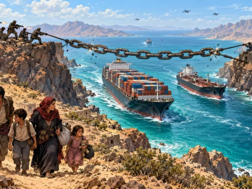 Une famille yéménite fuit par la côte tandis que des navires restent pris sous une chaîne symbolisant le détroit de Bab Al-Mandab.