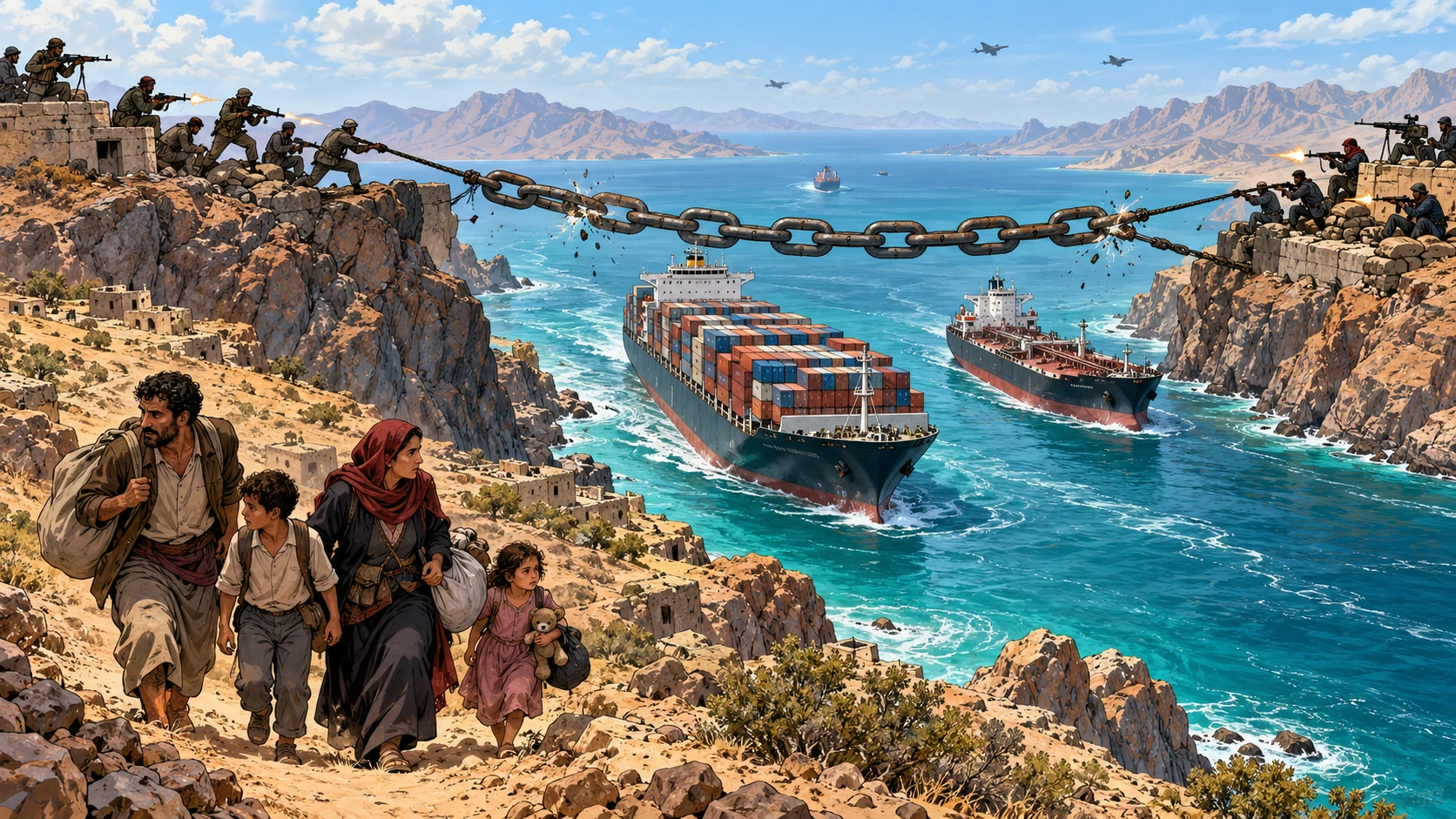 Une famille yéménite fuit par la côte tandis que des navires restent pris sous une chaîne symbolisant le détroit de Bab Al-Mandab.